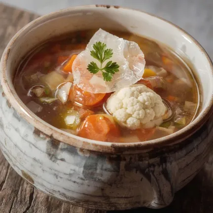 Minestrone z ryżem i chipsami z parmezanu
