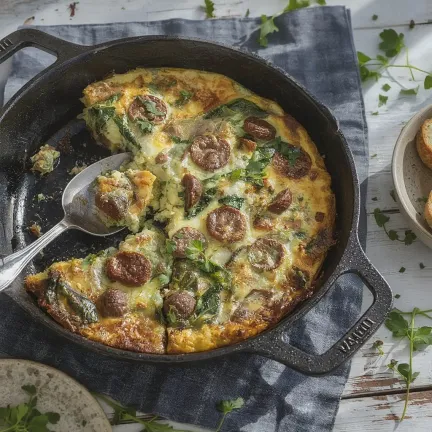 Frittata ze szczawiem, kiełbaskami i serkiem suluguni