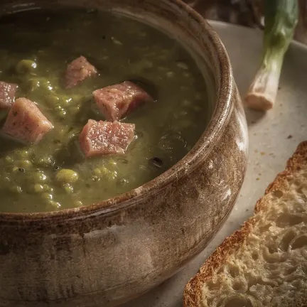 Creamy Pea Soup with Smoked Meats and Garlic Toasts