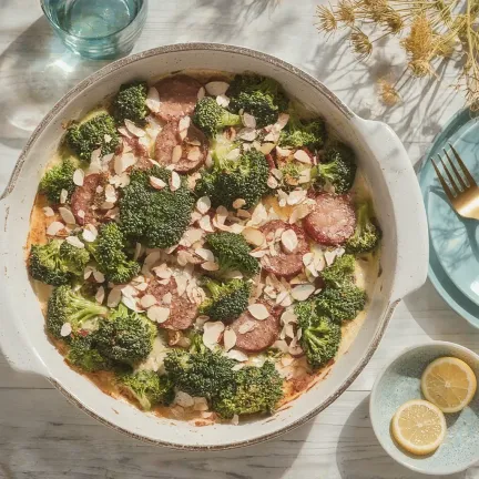 Brokkolis rakottas balyk kolbásszal