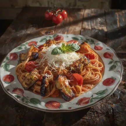 Fusilli with eggplant and cherry tomatoes