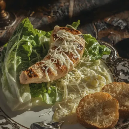 Caesar salad with garlic croutons and romaine lettuce