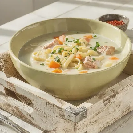 Суп із куркою, макаронами та вершками