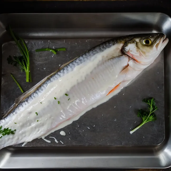Grease a sheet of foil with a small amount of vegetable oil, as if creating a canvas for a culinary masterpiece. Place the pike carcass on top, carefully positioning it in the center. Cover with the sour cream mixture first on one side, then turn it over and grease the other side, as if dressing the fish in the most delicate outfit. Drizzle with the remaining oil to give the dish a golden shine and aroma.
