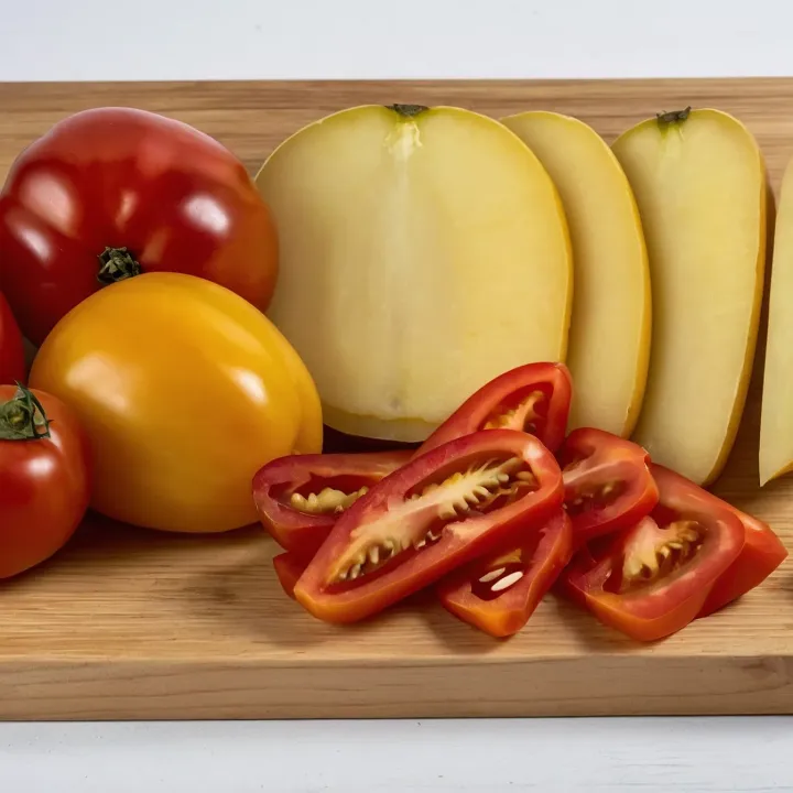 Prepare the remaining vegetables: dice the potatoes, cut the bell peppers into large pieces, and slice the tomatoes so that each vegetable reveals its flavor.
