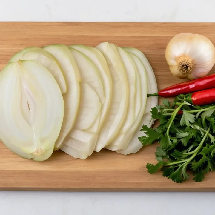 Slice the onion into half rings and chop the herbs, garlic, and chili pepper to add aroma and spice.
