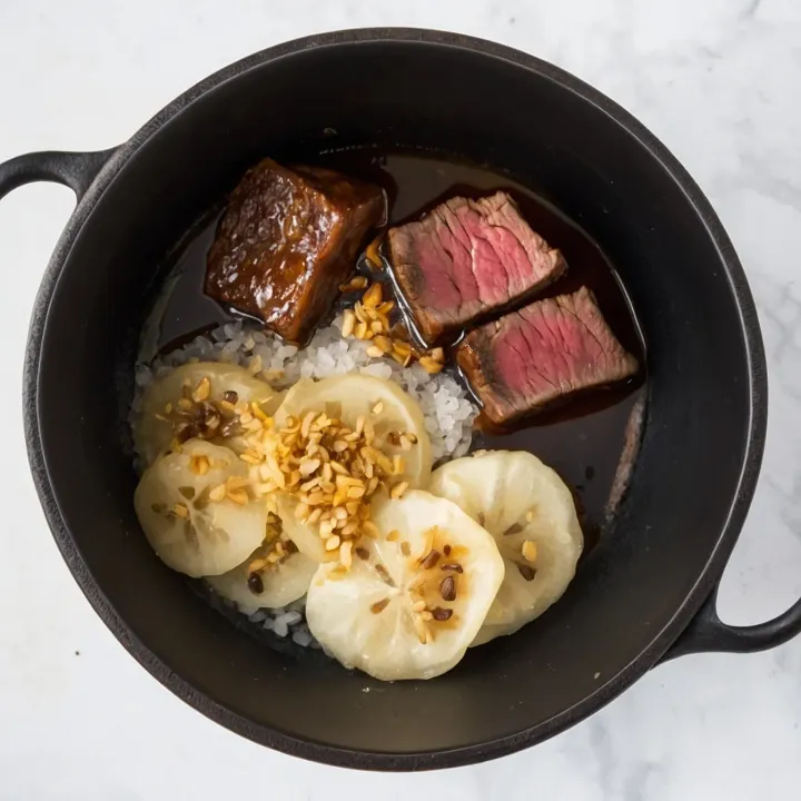 Lay out a layer of meat, pour over it the juices from roasting, add a piece of butter, and cover with a layer of onions, salting each layer.
