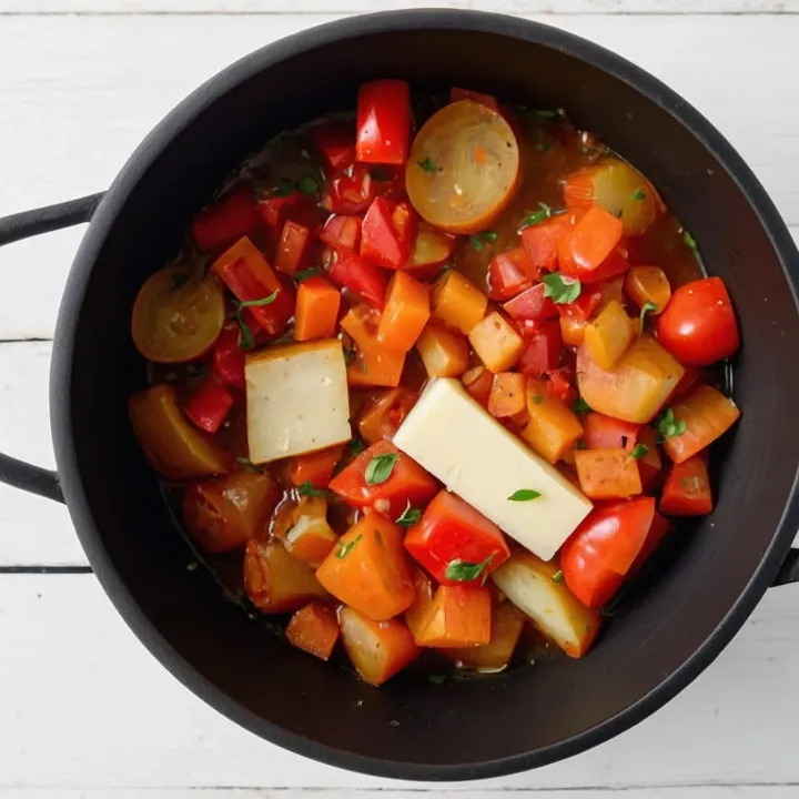 Continue layering the eggplant, potatoes, bell peppers, and tomatoes, remembering to add pieces of butter and salt.
