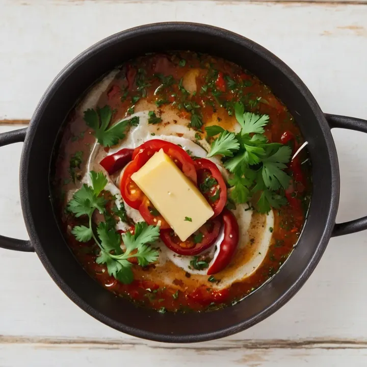 Finish assembling with a layer of greens, garlic, and hot pepper, place the last piece of butter on top to give the dish a finished taste and aroma.
