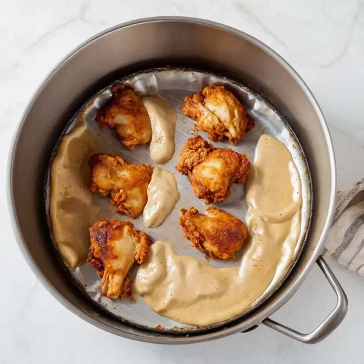In a deep saucepan or skillet with a thick bottom, fry the chicken pieces over medium heat without adding oil for 10 minutes. It is important to brown them evenly on all sides so that they acquire an appetizing crust.
