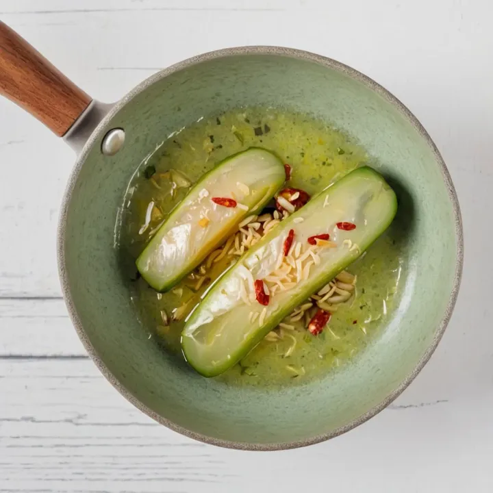 In a separate pan, melt butter in vegetable oil, add chopped onion and chili pepper. Sauté over medium heat for 4–5 minutes until golden brown, so that the onion becomes soft and fragrant.
