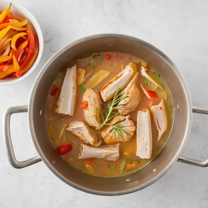 Transfer the fried onions to the chicken, add Imeretian saffron and mix thoroughly. After 3 minutes, add the chopped pepper and simmer over low heat for another 5 minutes, so that the flavors combine.
