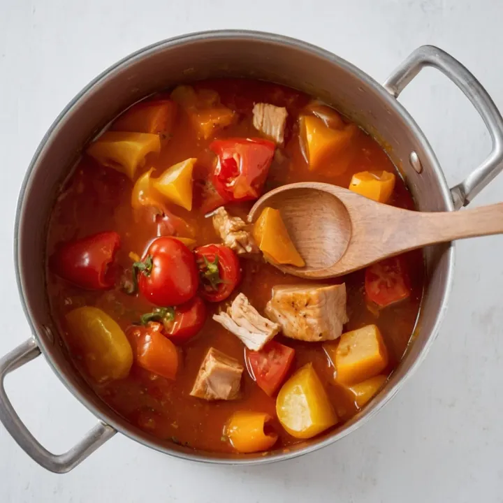 After 5 minutes of adding the bell peppers to the chicken, add the chopped tomatoes, stir, bring to a boil over medium heat, salt moderately, reduce heat and simmer for 5 minutes.
