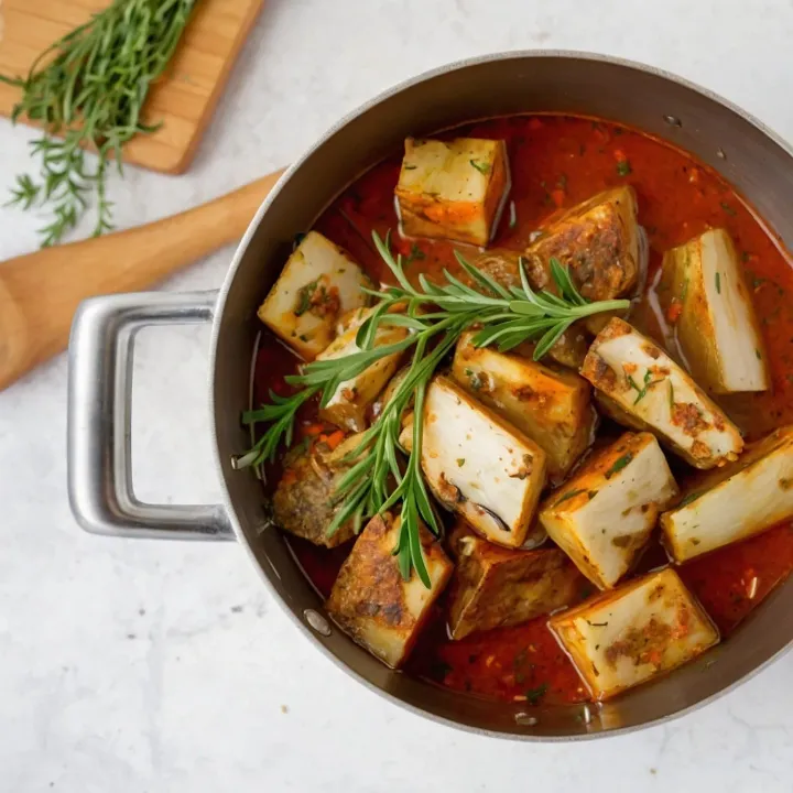 Add the fried eggplant to the pot with the remaining ingredients, mix. Then season with coriander and utskho suneli, add sprigs of tarragon. Simmer over low heat for 15 minutes so that all the flavors blend well.
