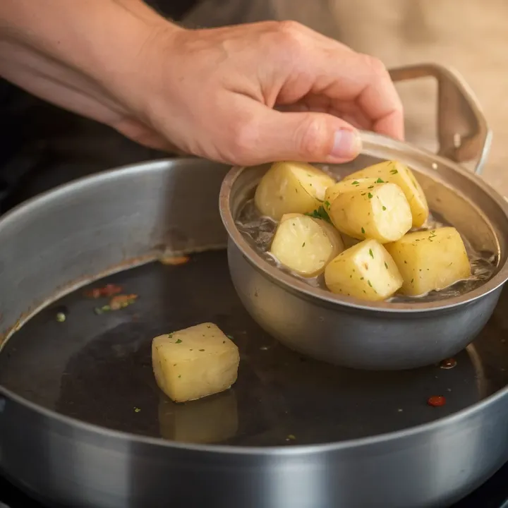 Peel the potatoes, onions, and carrots. Cut them into small cubes for even cooking. Add the chopped potatoes to the boiling soup and cook for 10 minutes until tender.
