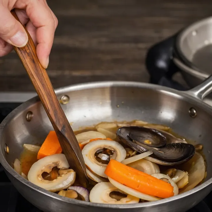 In a skillet, heat a mixture of butter and vegetable oil. Sauté the chopped onion and carrots for 3 minutes until softened and lightly golden. Then add the prepared mushrooms and continue cooking for another 5 minutes over medium heat, until the mushrooms are tender and fragrant.
