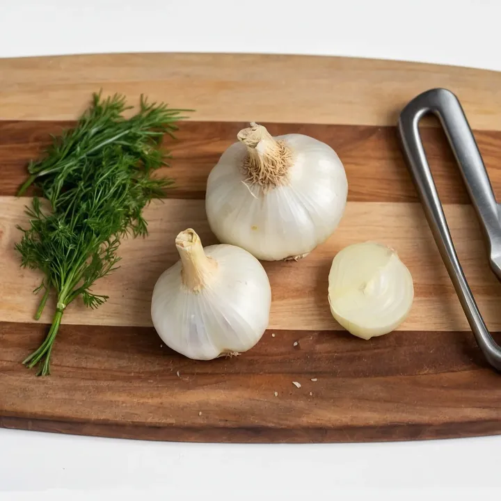 Oczyść cebulę i ząbki czosnku. Drobno posiekaj lub przeciśnij czosnek przez praskę. Koper umyj, osusz i drobno posiekaj. Przygotuj aromatyczną bazę pod przyszłe racuchy!

