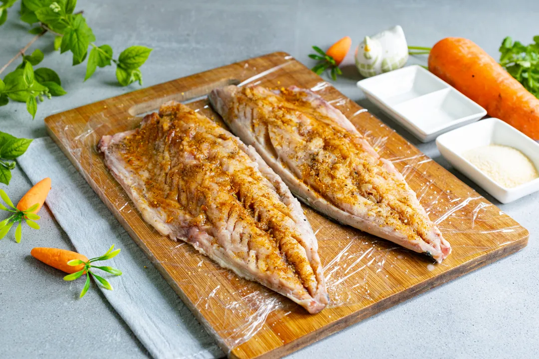 Salt the mackerel fillets to taste, season with spices. I used black ground pepper and a spice mix for fish.
