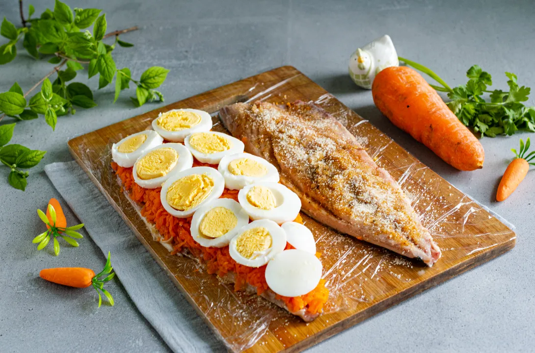 Boil the eggs, peel them, and slice them into 5-7 mm thick rounds. Place the egg slices on top of the carrots.

