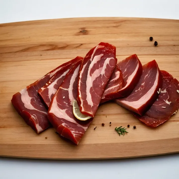 Presentation. Cut the pieces of cured fillet into thin slices across the grain or slightly diagonally. Serve the tender, translucent, and fragrant carpaccio and enjoy!
