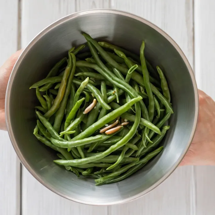 Peel the garlic cloves and lightly crush each one with the flat side of a knife to release the aroma. Then finely chop the garlic. Combine it with the chilled green beans, gently stirring to evenly distribute the garlic flavor.
