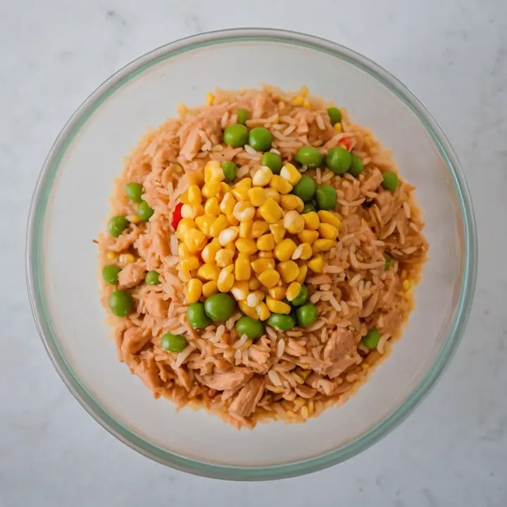 In a deep bowl, combine the ground chicken with the thawed Hawaiian blend. Add a pinch of turmeric, salt, and pepper to taste to give the dish a bright aroma and rich flavor.
