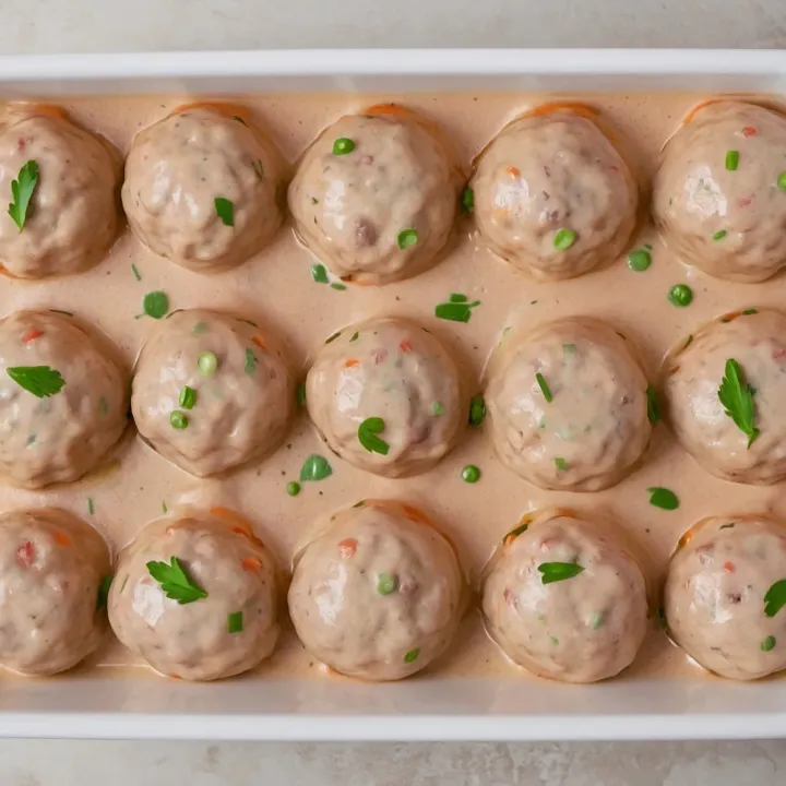 Evenly pour the prepared sauce over the meatballs in a heat-resistant dish. Bake in a preheated oven at a moderate temperature for about 40 minutes, until the meatballs are fully cooked and have an appetizing appearance.
