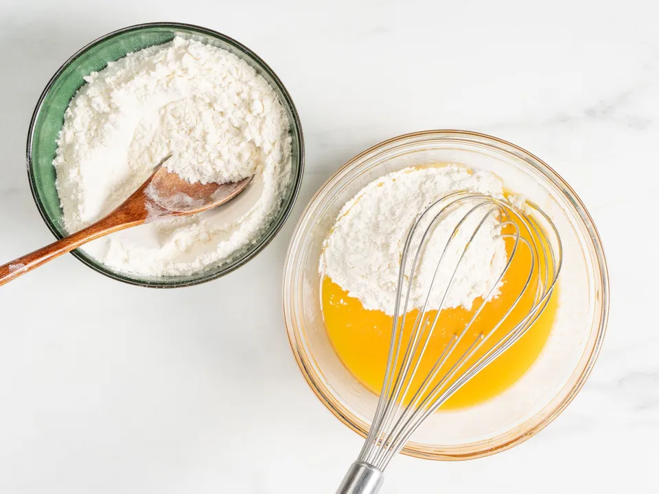 Add salt and vegetable oil to the egg yolks, then mix thoroughly. If you prefer to use whole eggs for the dough, halve their quantity or increase the amount of flour.