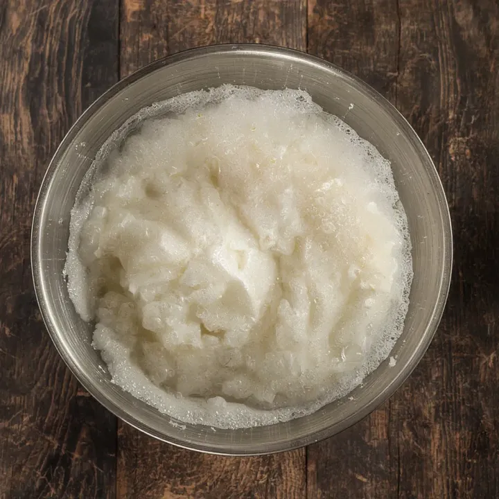 In a deep bowl, combine the eggs, sugar, and vanilla sugar. Beat them with a mixer until you achieve a light and very fluffy mixture. This process will take approximately 5-7 minutes, and the volume of the mixture will significantly increase.