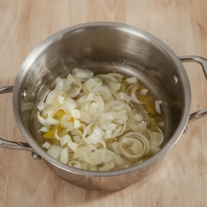To begin preparing the cream of Brussels sprouts soup, heat one tablespoon of olive oil in a saucepan. Then, sauté the finely chopped onion until soft.