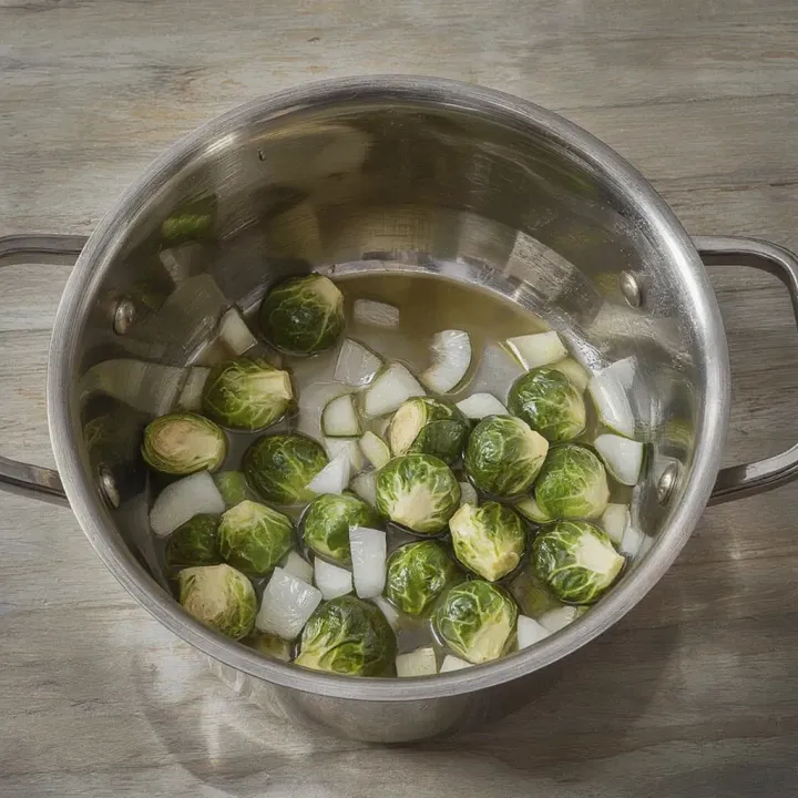 Thoroughly wash the Brussels sprouts and halve each one. Add the prepared sprouts to the pot with the onions and cook, stirring constantly, for two minutes.