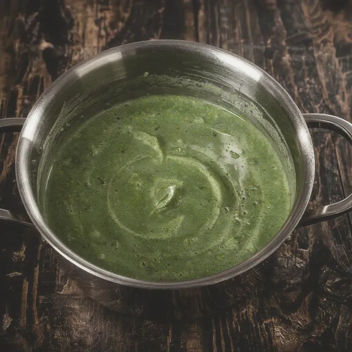 Sprinkle the vegetables with dried garlic and mix thoroughly. Pour in the hot vegetable broth, bring to a boil, and simmer for 12-15 minutes until the Brussels sprouts are tender. Afterward, blend the soup with an immersion blender until it reaches a smooth, creamy consistency.