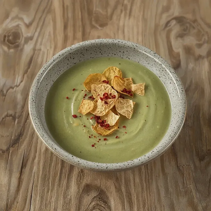 Ladle the aromatic Brussels sprout cream soup into bowls. Before serving, sprinkle each portion with crispy garlic "chips" and chili flakes for a piquant touch.