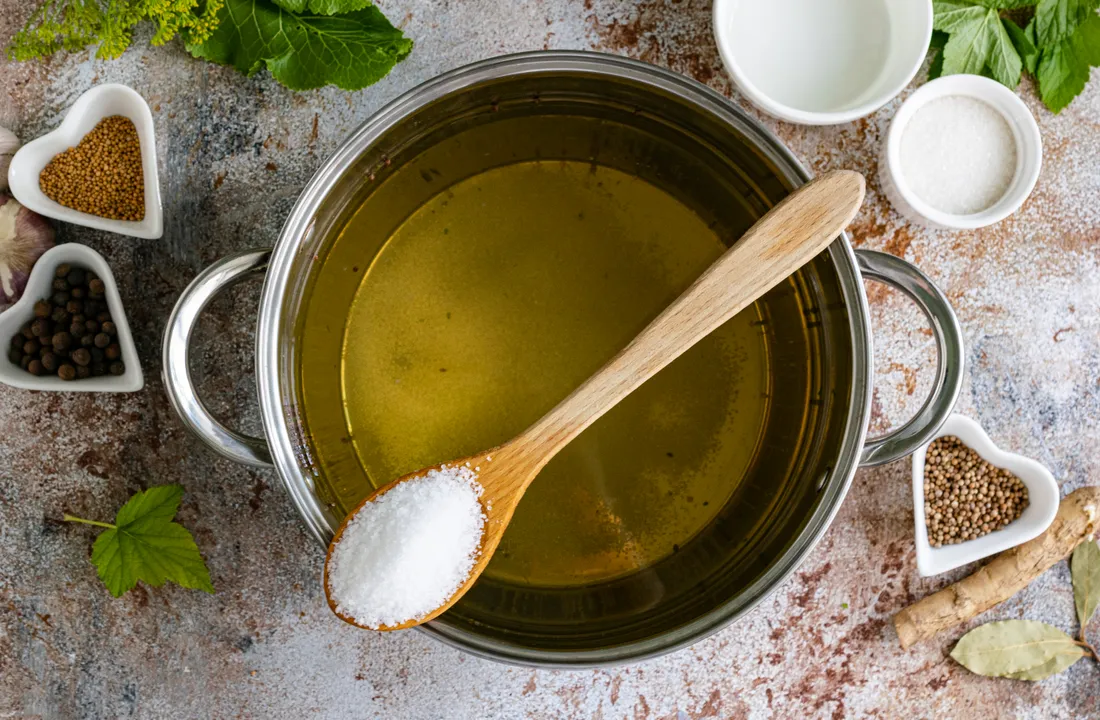 Add coarse rock salt to the pot with the marinade.