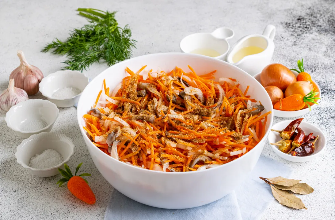 Stir, then add the Korean carrot seasoning.